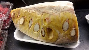 Polythene packed cut Jack fruit in a grocery store in Canada for sale