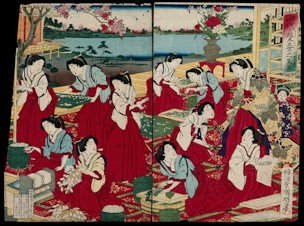 Court ladies producing silk under the supervision of the empress; their tasks include preparing eggs, chopping mulberry leaves, feeding caterpillars and unwinding cocoons. Colour woodcut by Kuniaki II, 1883.