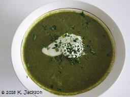 Chaya soup: onions, garlic, stock, garnished with yougurt, garlic chives and flowers